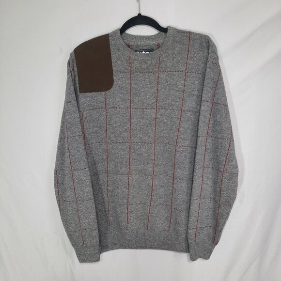 Barbour Shooting Sweater Mens Large Gray Wool Check Pattern Shoulder Patch